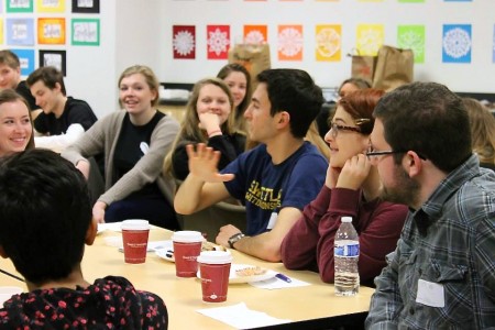 Writing tutors from Skyline High School interact with U-M writing tutors recently. Photo by Christine Modey. 