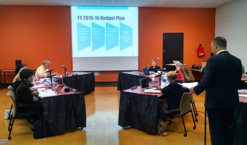 Marios Demetriou shares the 2015-16 proposed budget plan with the Board of Education.