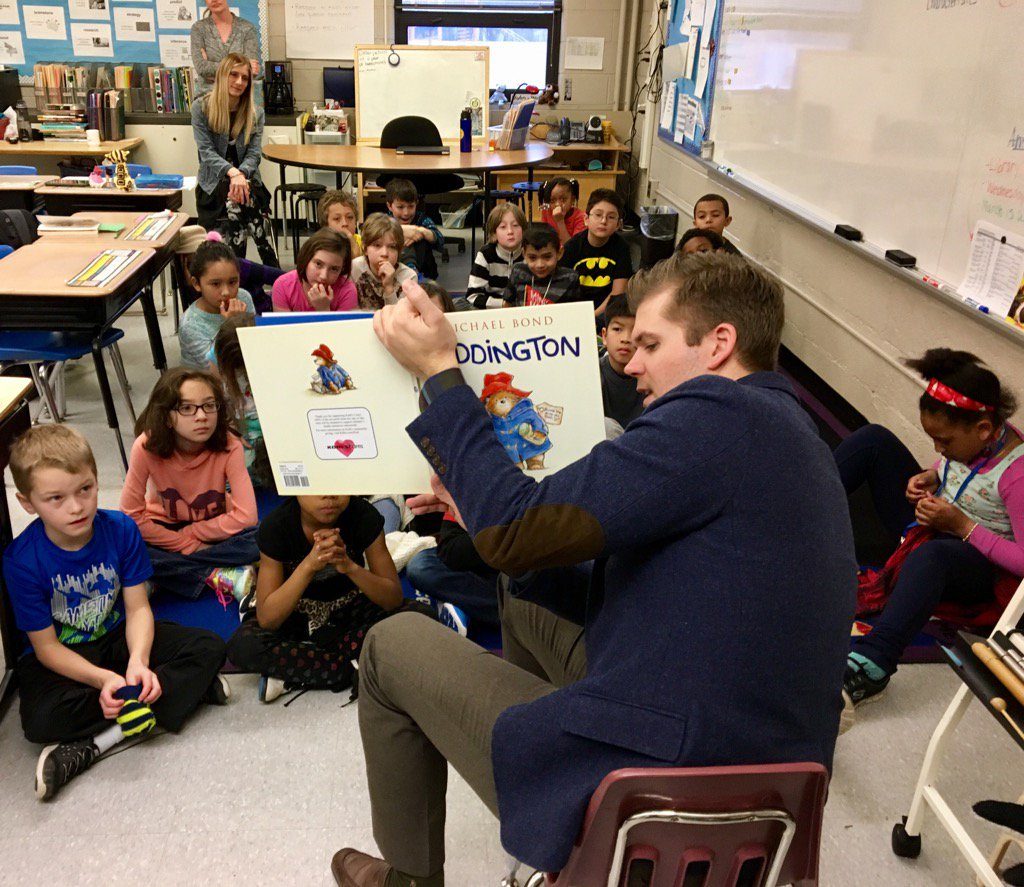 State Representative Adam Zemke reading to a classroom at Pittsfield Elementary