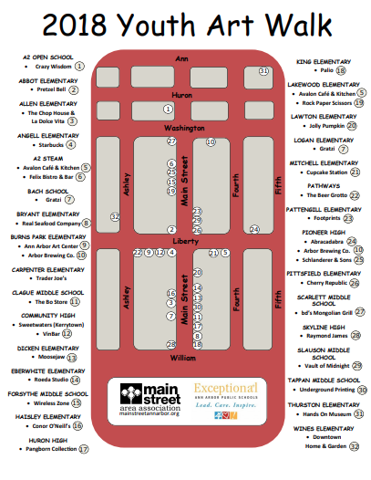 A map of Ann Arbor Main Street Area Association businesses participating in Youth Art Month