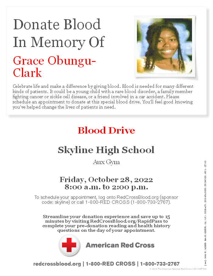 Announcement of Blood Drive at Skyline High School from 8 a.m. to 2 p.m. on Friday, Oct. 28. 