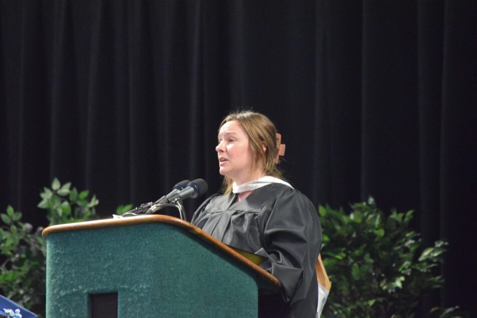 Art teacher Candace O'Leary gives the commencement address.