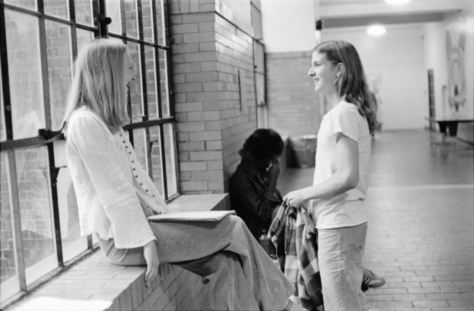 Students in the hallway, Community High School, 1978