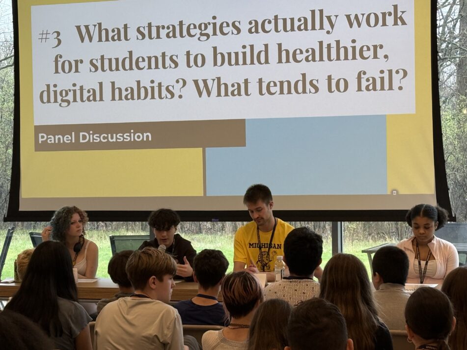 University of Michigan students talk to 6th graders during panel discussion at Digital Wellness Expo