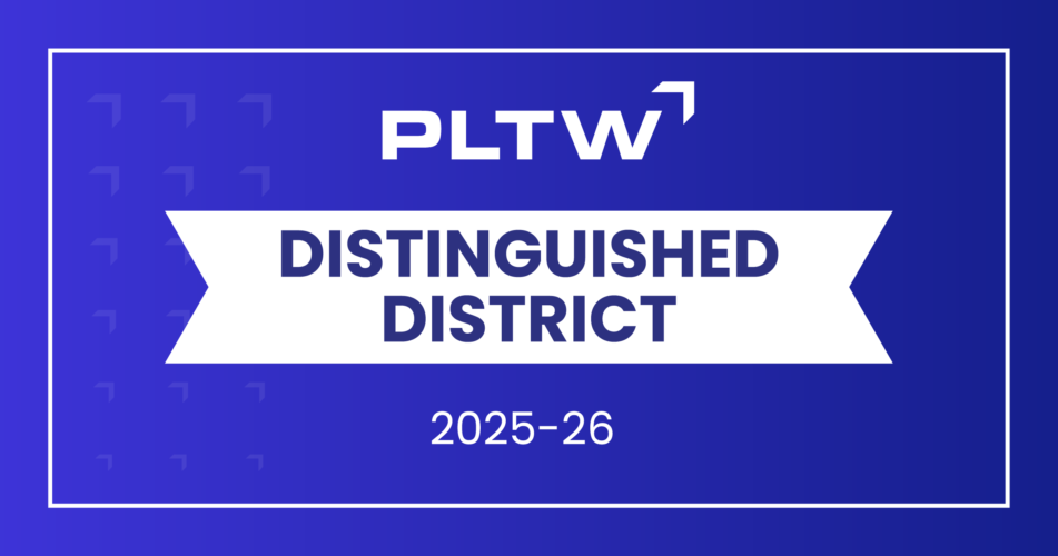 PLTW Distinguished District 2025-26 on a purple background