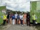 Thurston Principal Cory McElmeel, district leadership, Board of Education trustees and construction workers at the ceremonial beam raising.